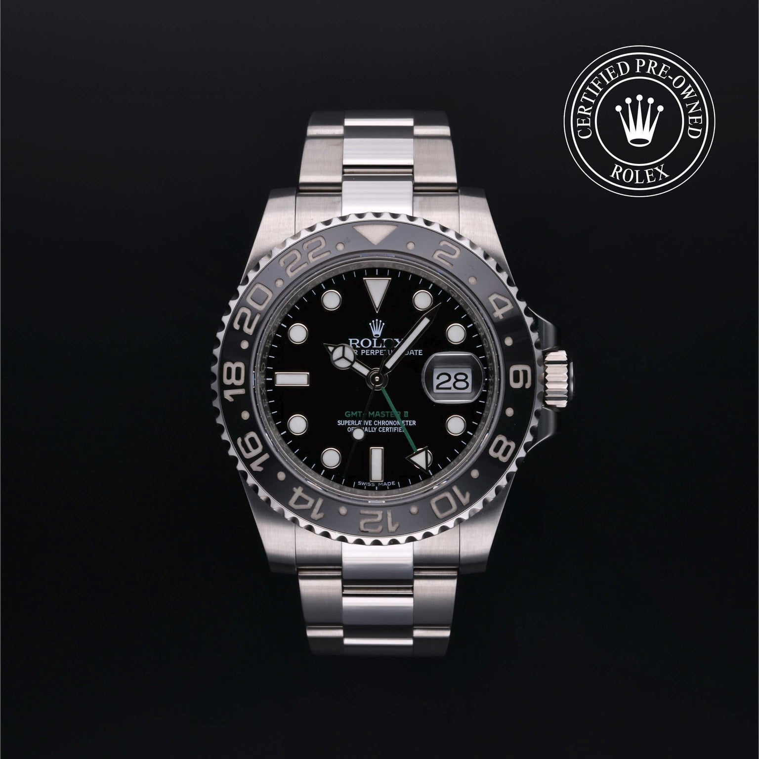 Rolex Certified Pre-owned GMT M116710LN-0001 front on black background