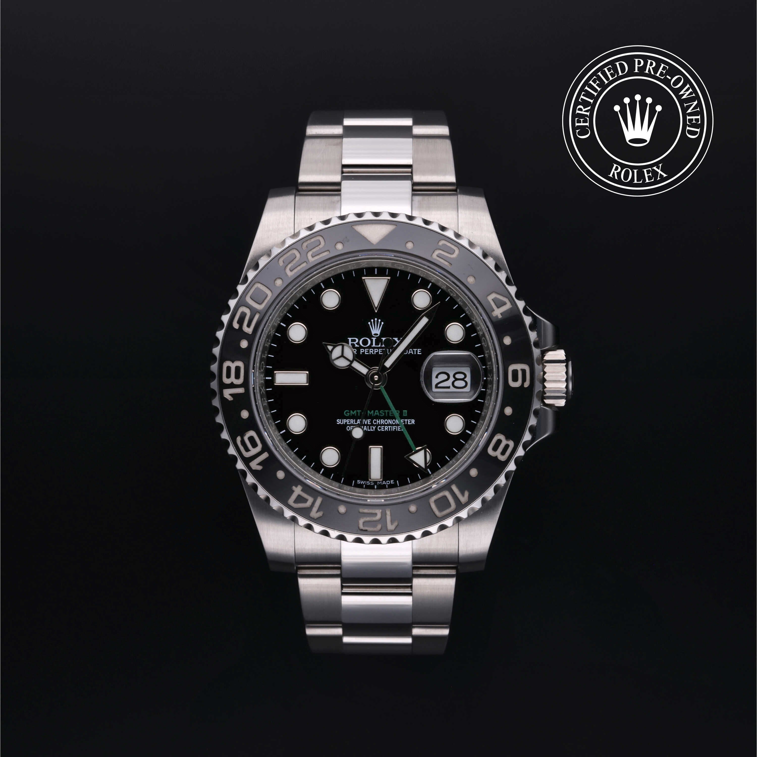 Rolex Certified Pre-owned GMT M116710LN-0001 front on black background