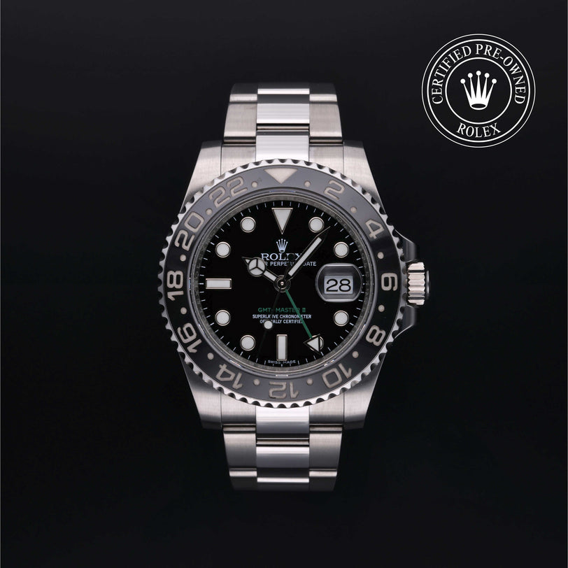 Rolex Certified Pre-owned GMT M116710LN-0001 front on black background