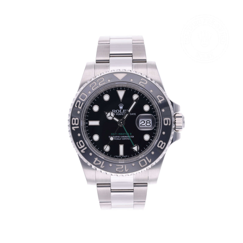 Rolex Certified Pre-owned GMT M116710LN-0001 front on white background
