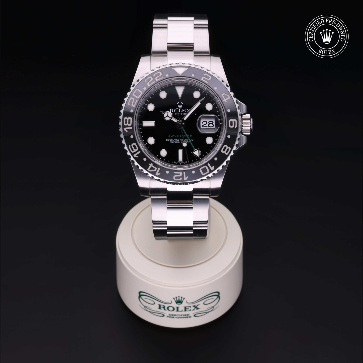 Rolex Certified Pre-owned GMT II M116710LN-0001 front on black background