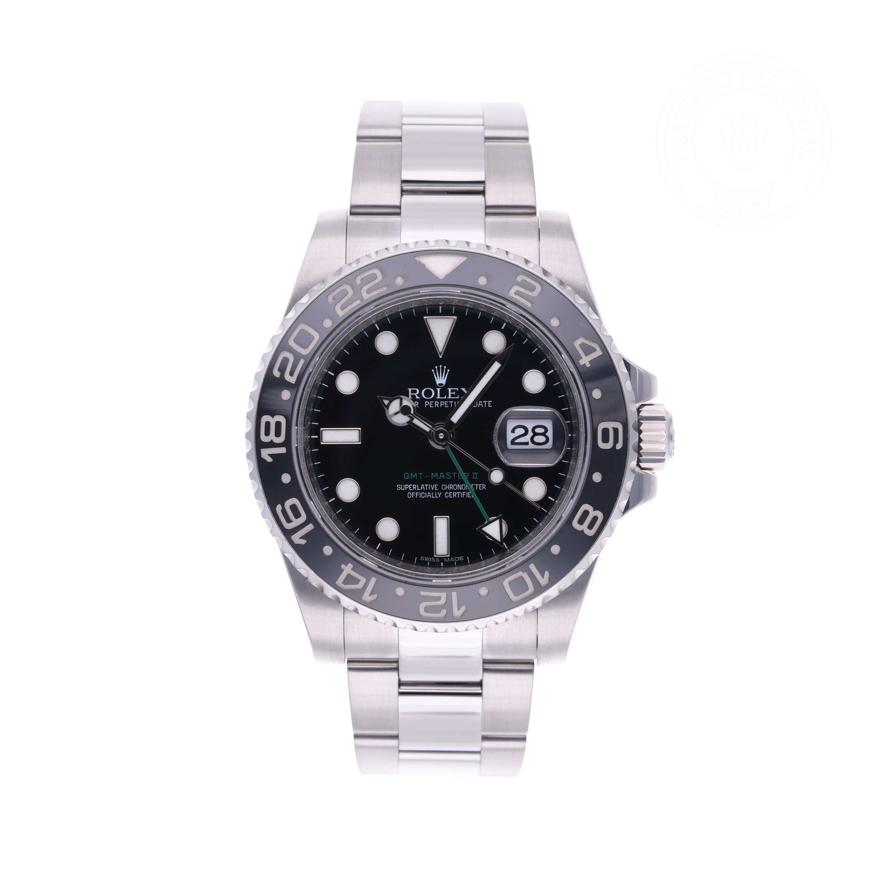 Rolex Certified Pre-owned GMT II M116710LN-0001 front on white background