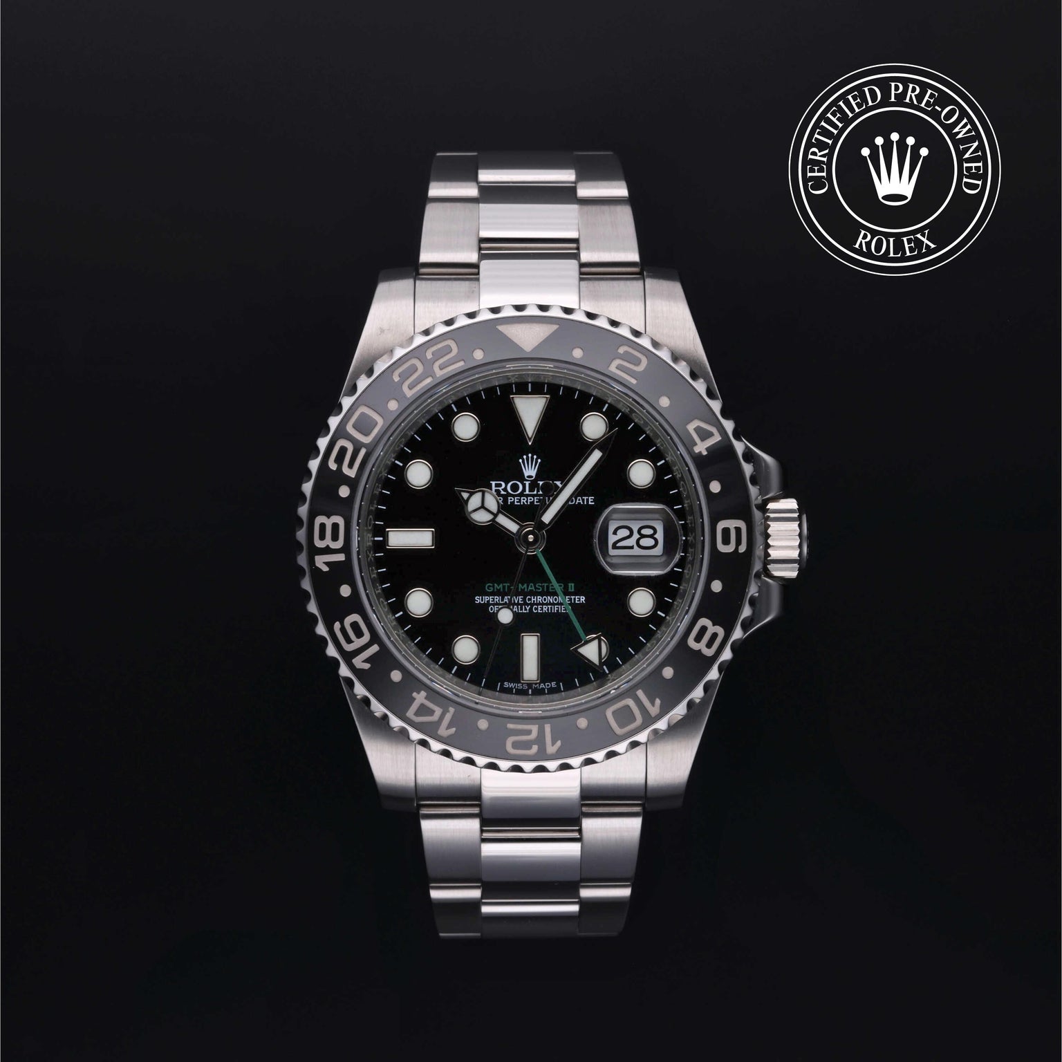 Rolex Certified Pre-owned GMT II M116710LN-0001 front on black background