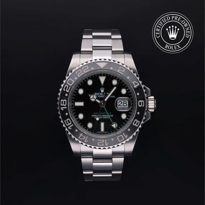 Rolex Certified Pre-owned GMT II M116710LN-0001 front on black background