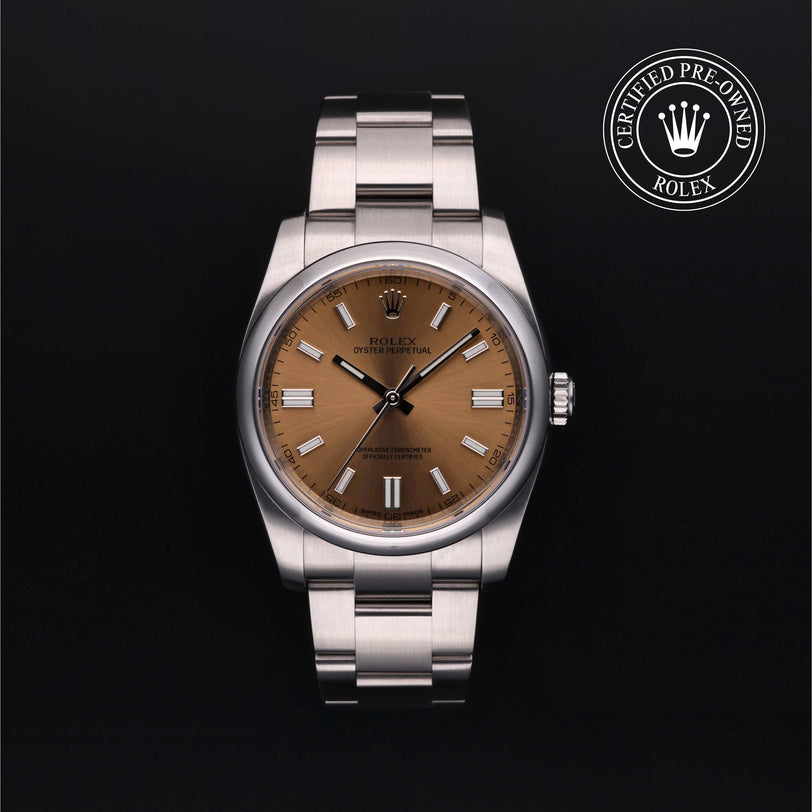 Rolex Certified Pre-owned Oyster Perpetual M116000-0011 front on black background
