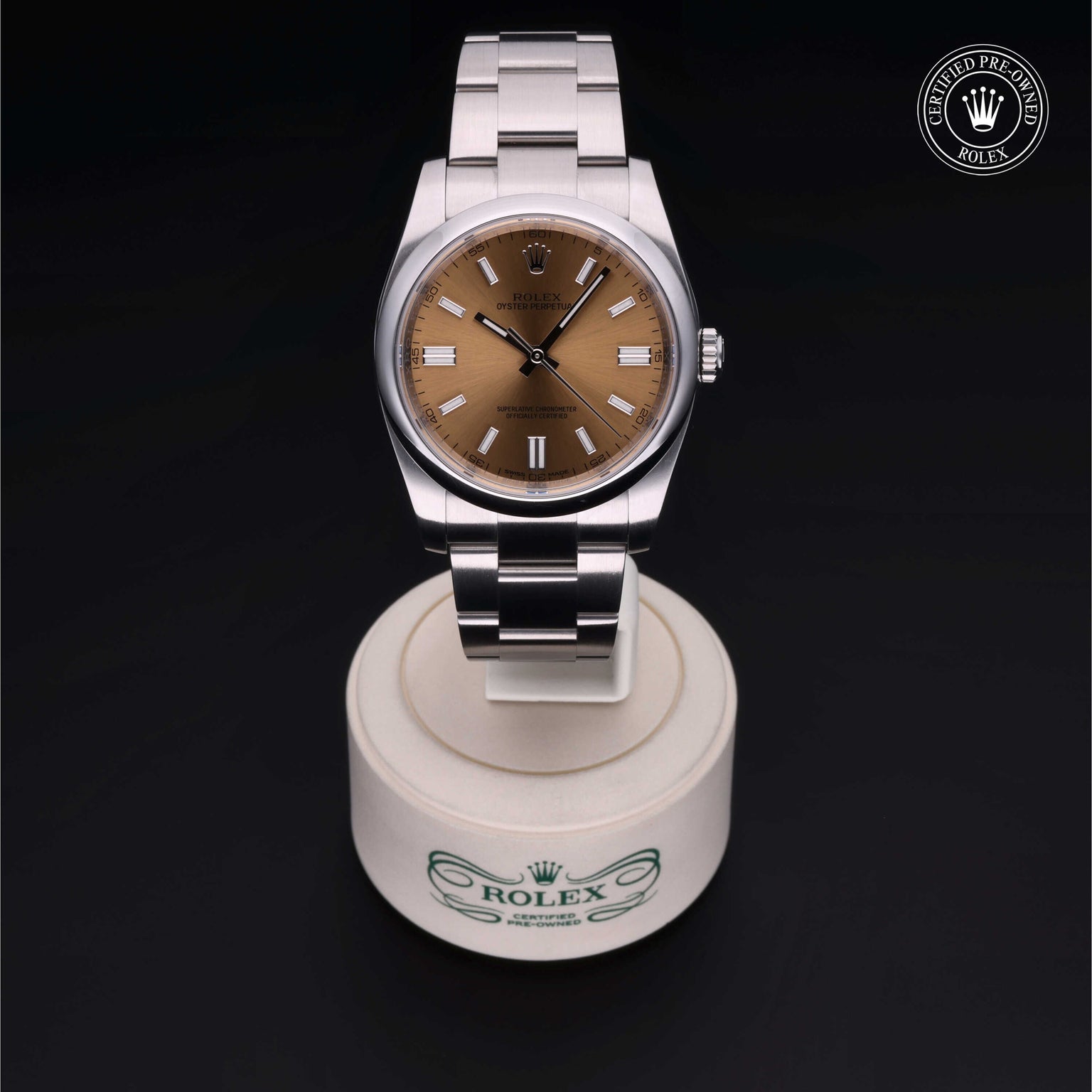 Rolex Certified Pre-owned Oyster Perpetual M116000-0011 front on black background