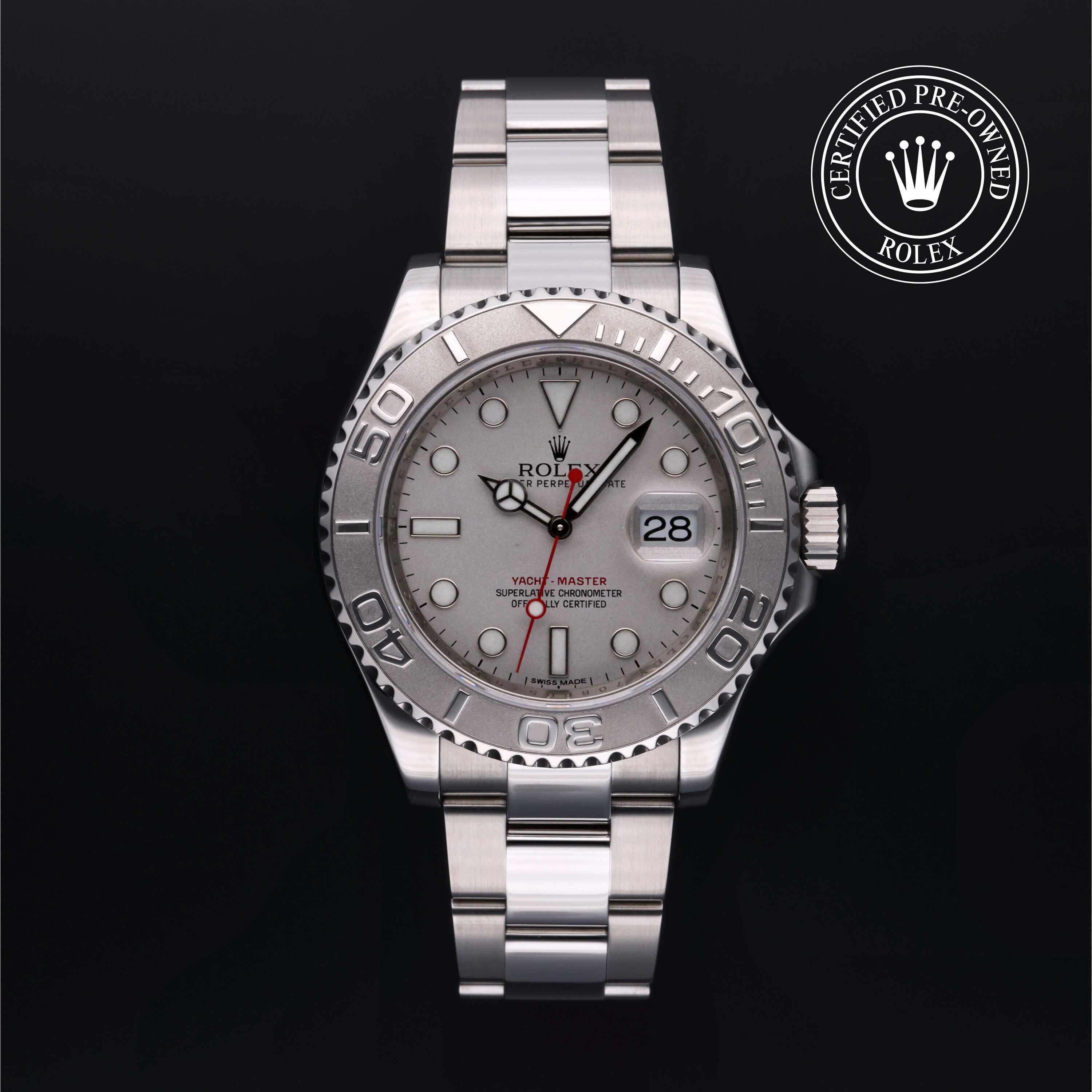 Rolex Certified Pre-owned Yacht-Master M116622-0002 front on black background