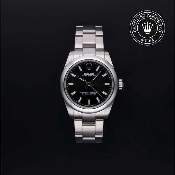 Rolex Certified Pre-owned Oyster Perpetual M177200-0019 front on black background
