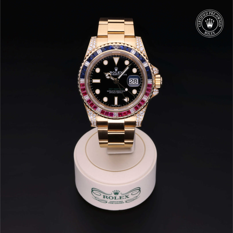 Rolex Certified Pre-owned GMT II M116758SARU-0001 front on black background