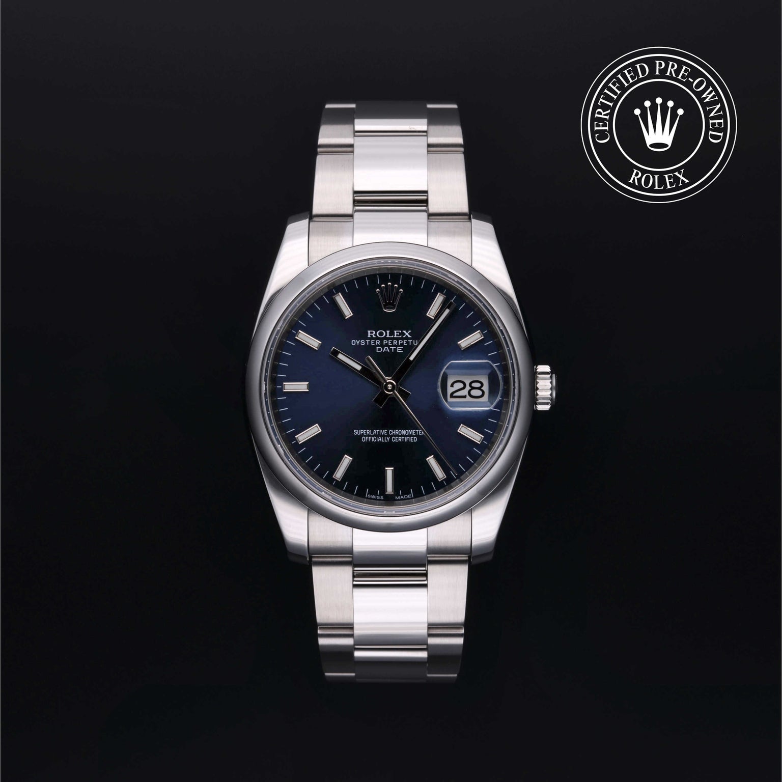 Rolex Certified Pre-owned Date M115200-0007 front on black background