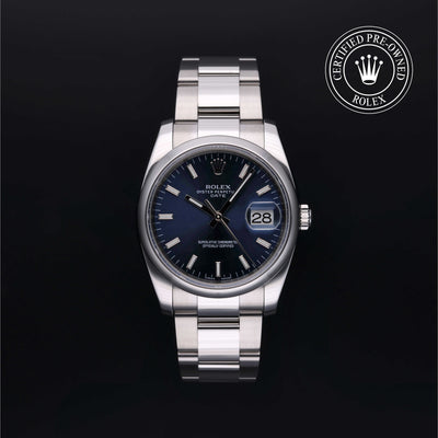 Rolex Certified Pre-owned Date M115200-0007 front on black background