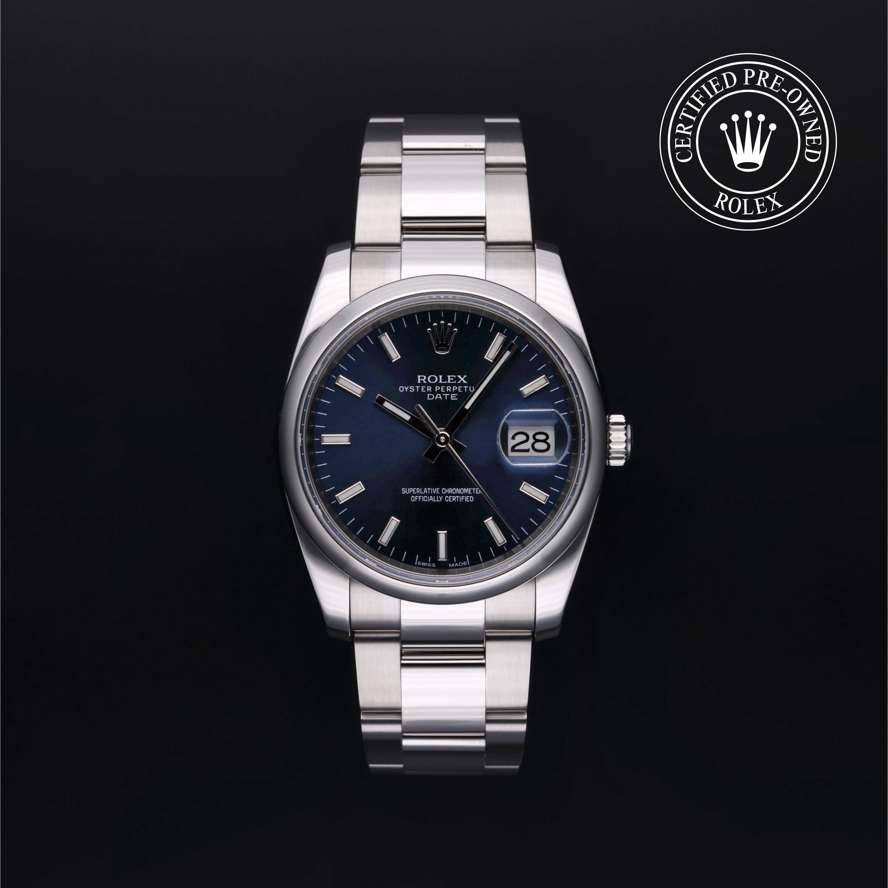 Rolex Certified Pre-owned Date M115200-0007 front on black background