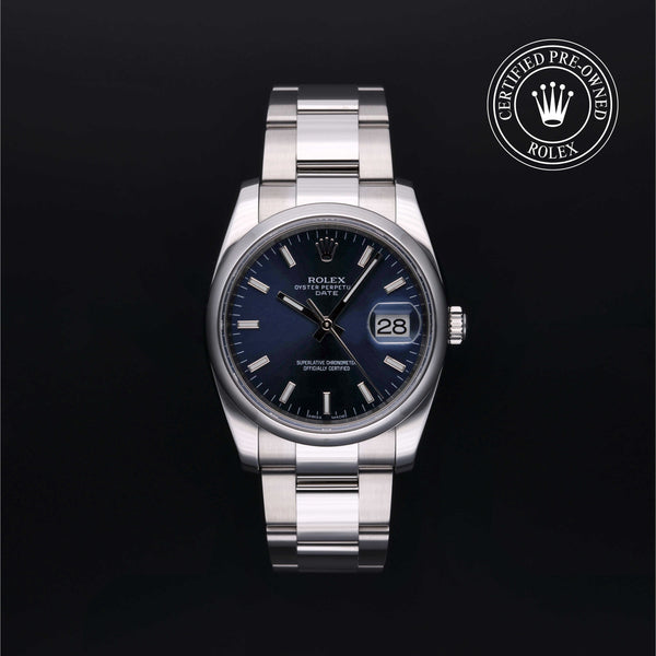 Rolex Certified Pre-owned Date M115200-0007 front on black background