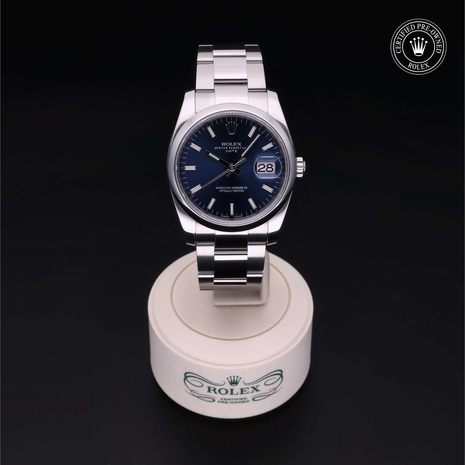Rolex Certified Pre-owned Date M115200-0007 front on black background