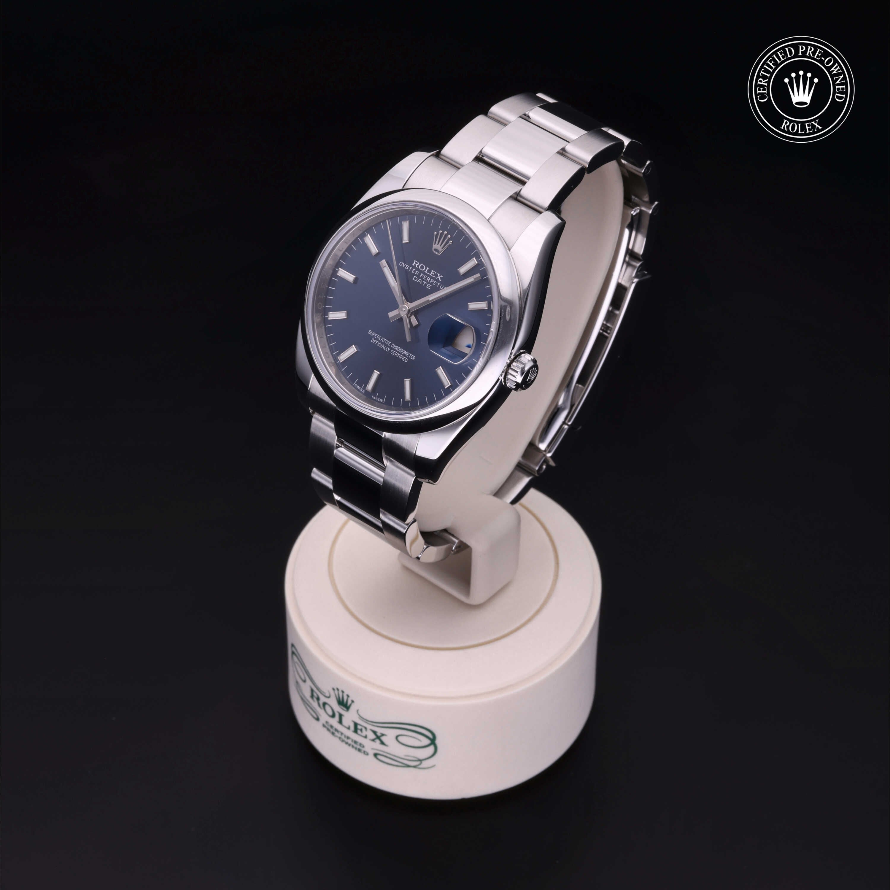 Rolex Certified Pre-owned Date M115200-0007 front on black background