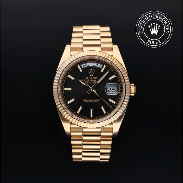 Rolex Certified Pre-owned Day-date M228238-0007 front on black background