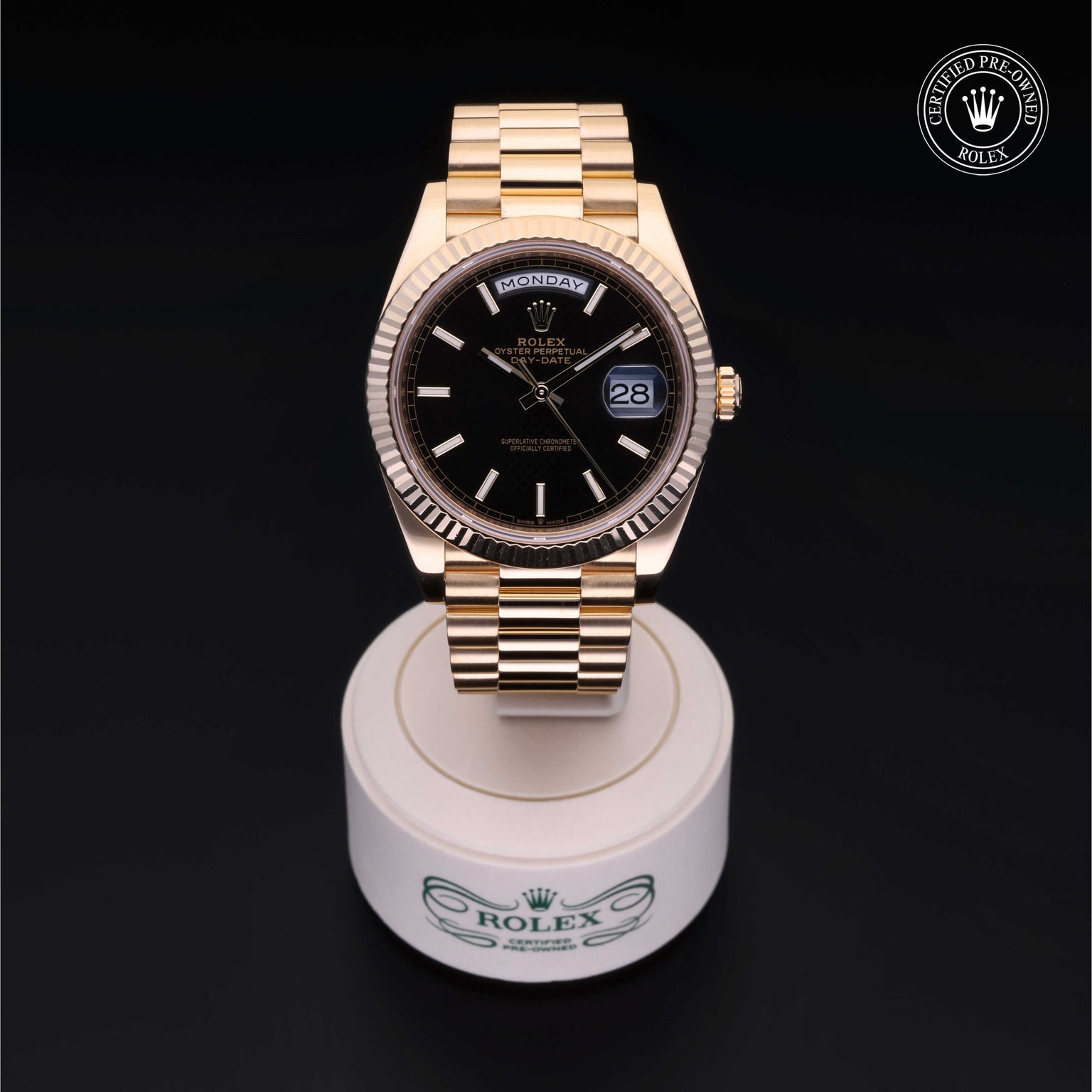 Rolex Certified Pre-owned Day-date M228238-0007 front on black background