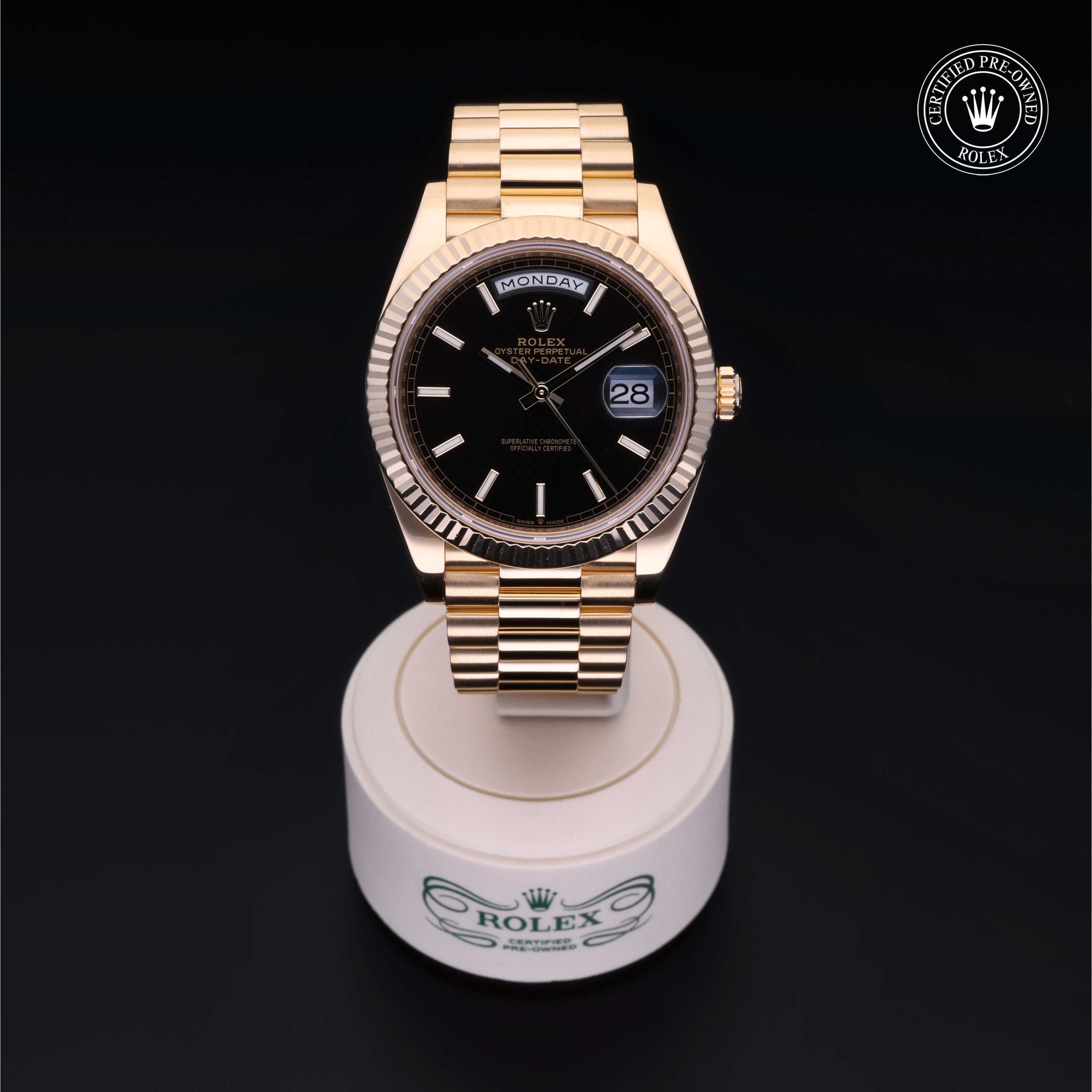 Rolex Certified Pre-owned Day-date M228238-0007 front on black background