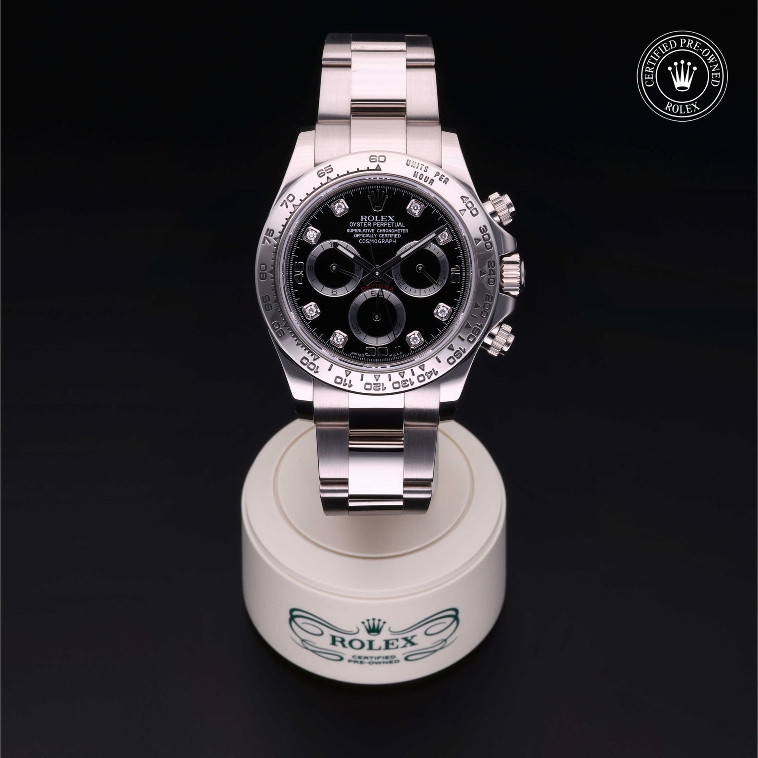 Rolex Certified Pre-owned Daytona M116509-0055 front on black background
