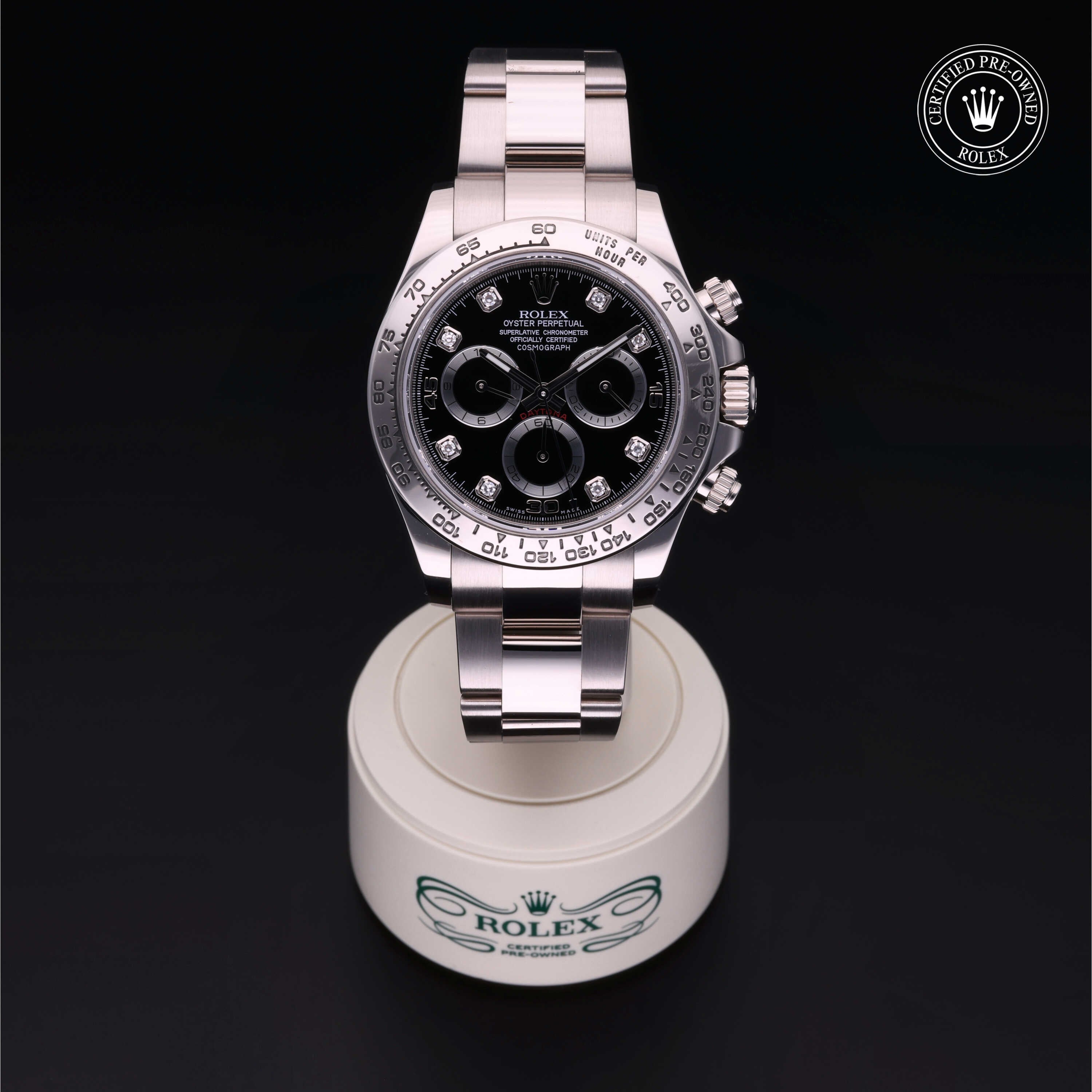 Rolex Certified Pre-owned Daytona M116509-0055 front on black background