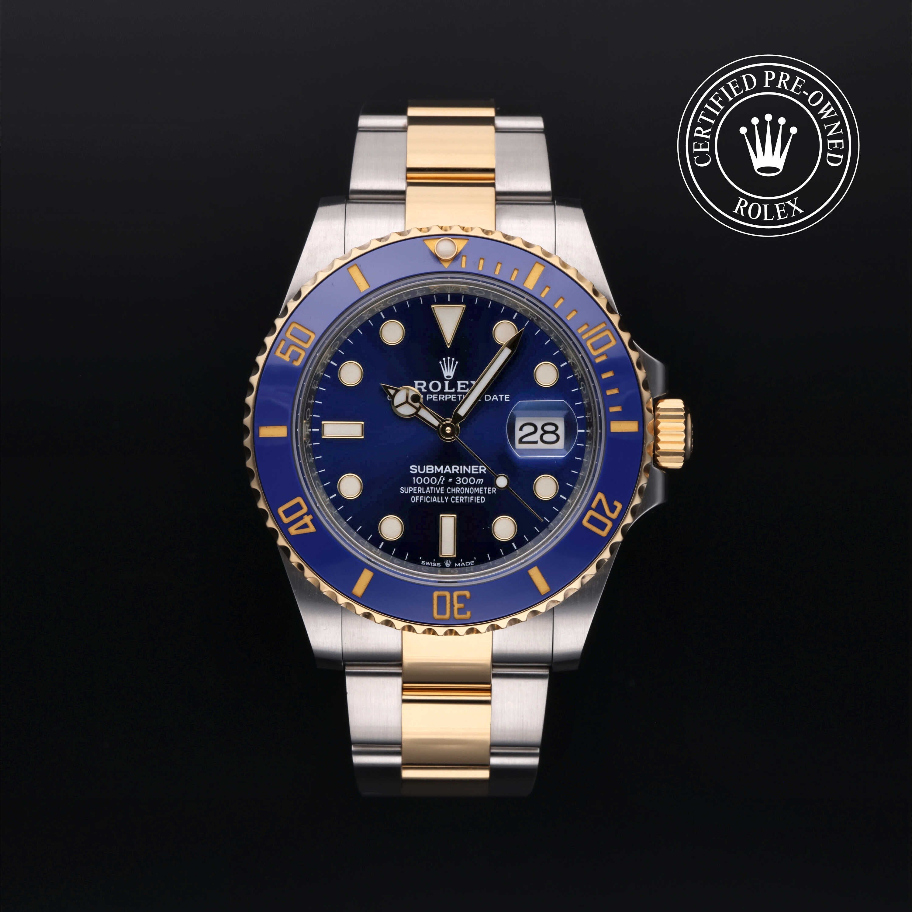 Rolex Certified Pre-owned Submariner Date M126613LB-0002 front on black background