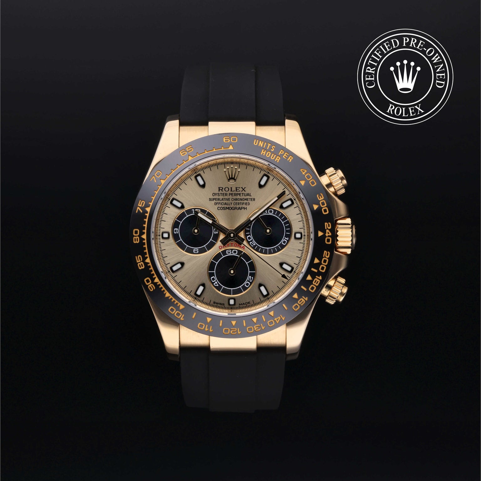 Rolex Certified Pre-owned Daytona M116518LN-0040 front on black background