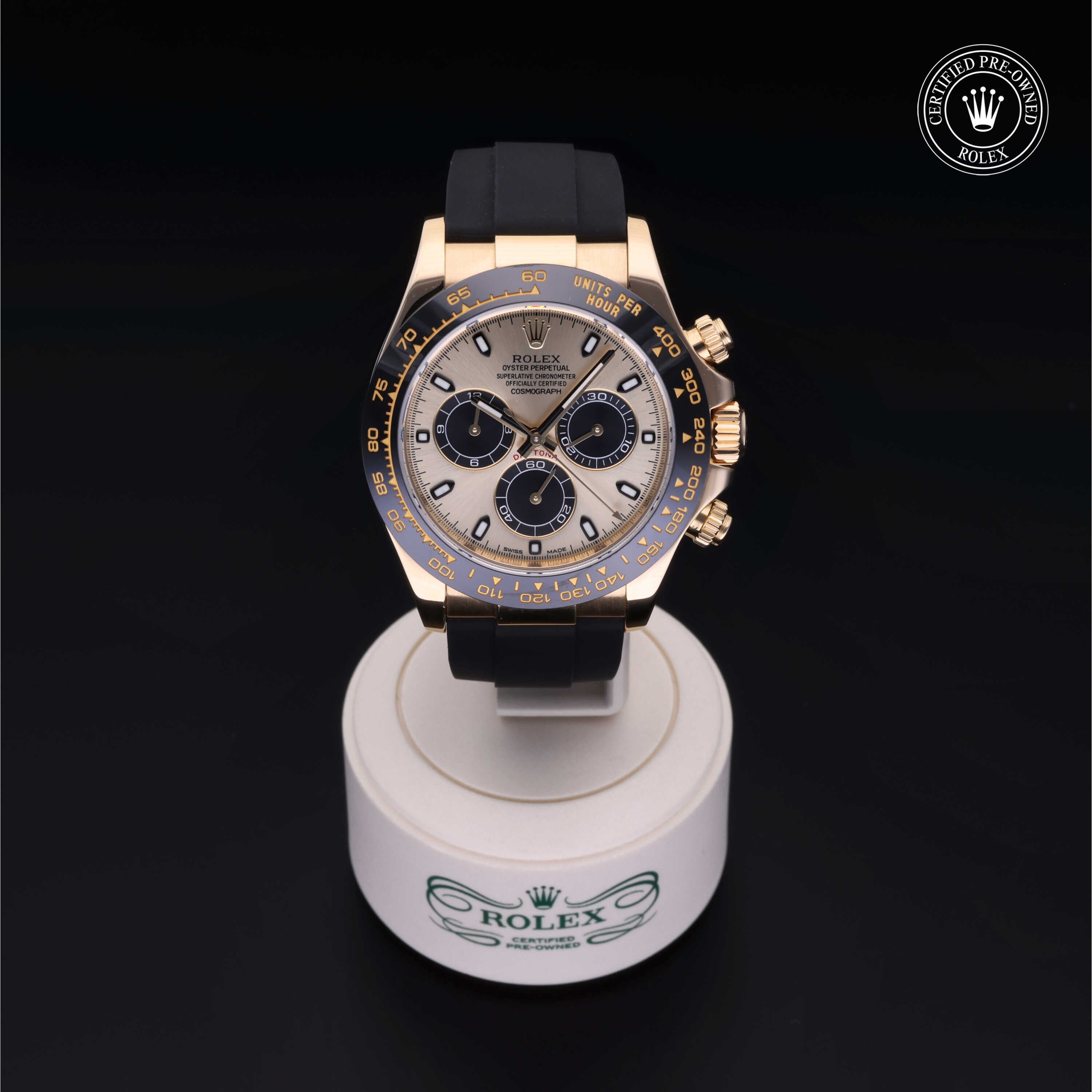 Rolex Certified Pre-owned Daytona M116518LN-0040 front on black background
