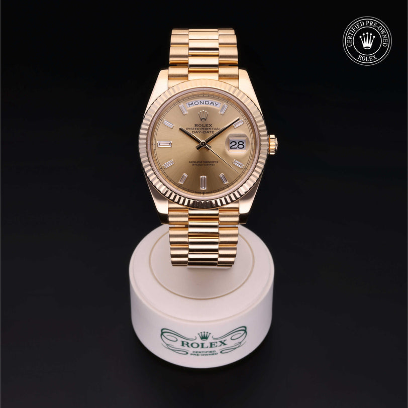 Rolex Certified Pre-owned Day-date M228238-0005 front on black background