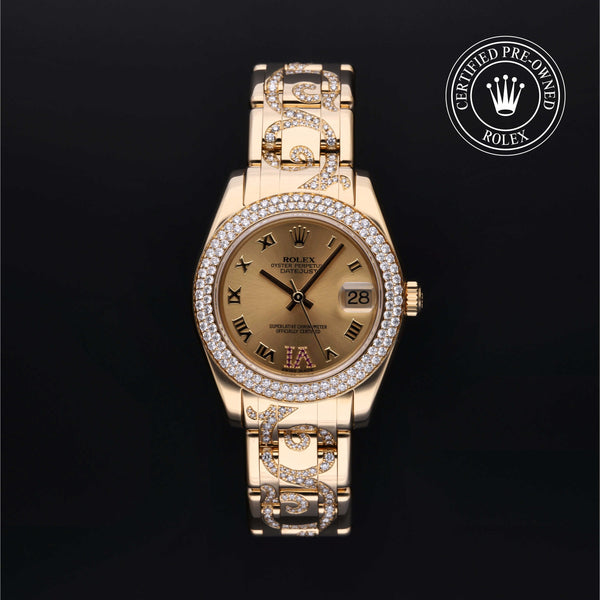 Rolex Certified Pre-owned Lady Datejust Pearlmaster M81338-0130 front on black background