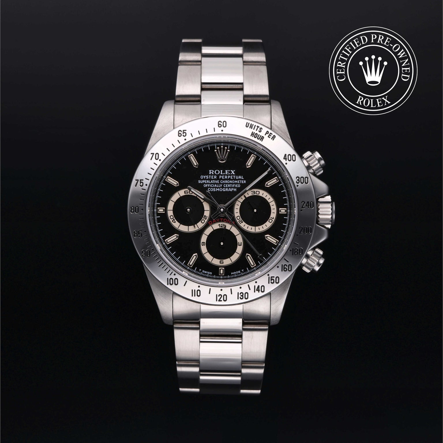 Rolex Certified Pre-owned Daytona M16520-0002 front on black background