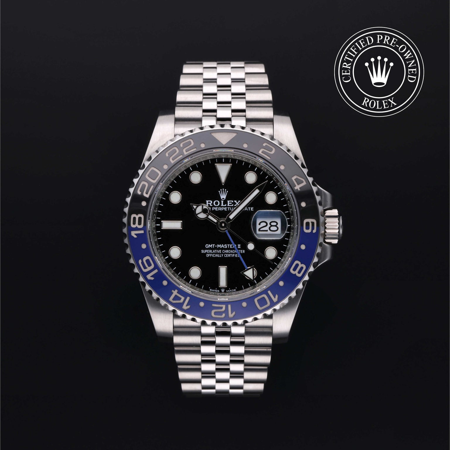 Rolex Certified Pre-owned GMT M126710BLNR-0002 front on black background
