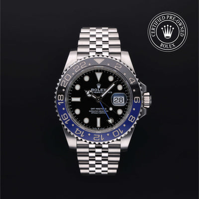 Rolex Certified Pre-owned GMT M126710BLNR-0002 front on black background