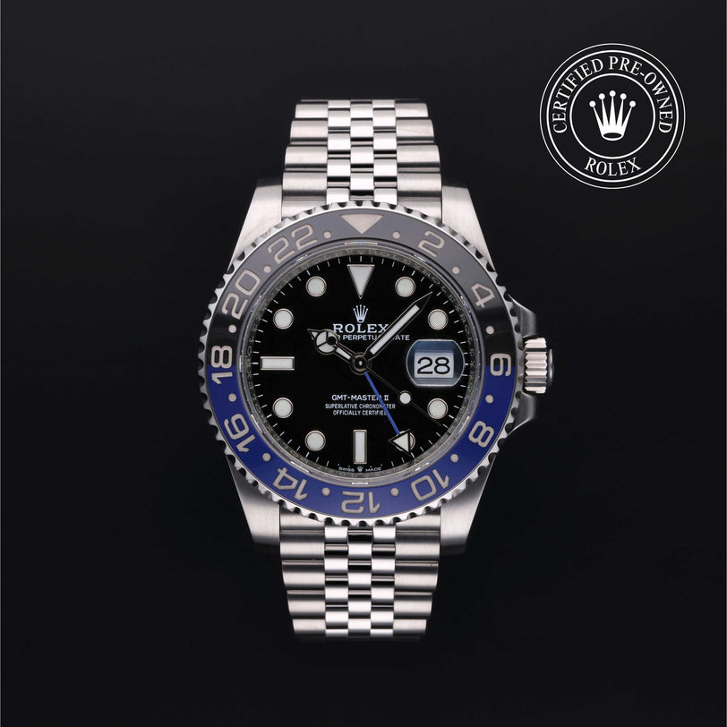 Rolex Certified Pre-owned GMT M126710BLNR-0002 front on black background