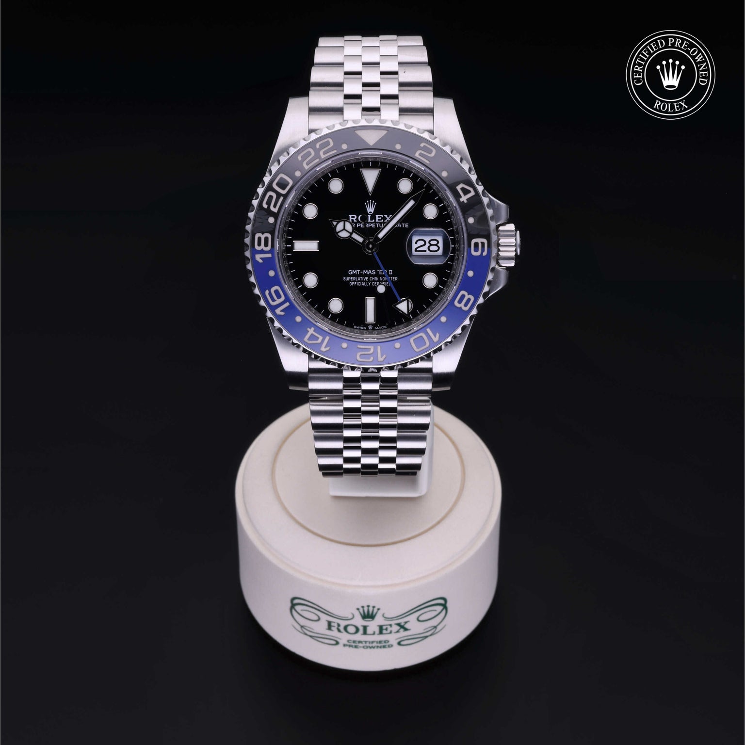 Rolex Certified Pre-owned GMT M126710BLNR-0002 front on black background