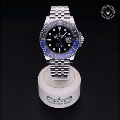 Rolex Certified Pre-owned GMT M126710BLNR-0002 front on black background