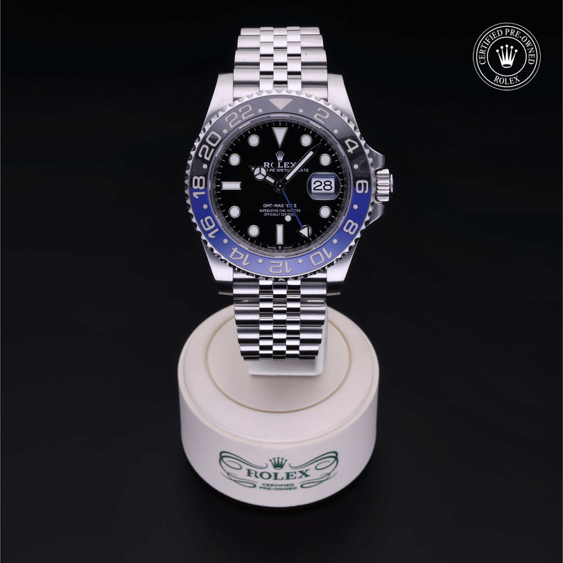 Rolex Certified Pre-owned GMT M126710BLNR-0002 front on black background