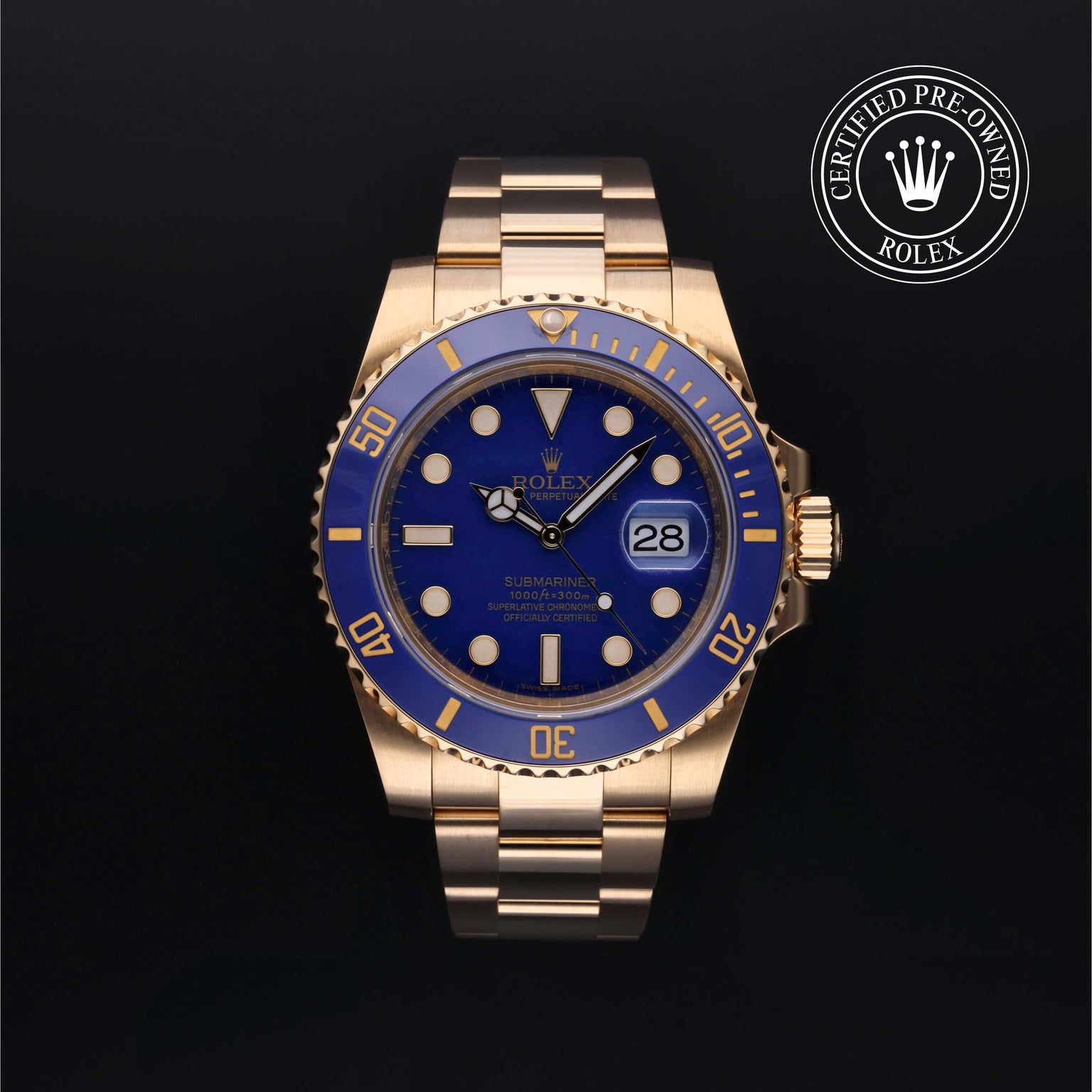 Rolex Certified Pre-owned Submariner M116618LB-0001 front on black background