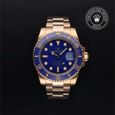 Rolex Certified Pre-owned Submariner M116618LB-0001 front on black background