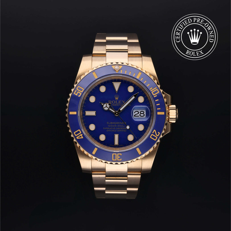 Rolex Certified Pre-owned Submariner M116618LB-0001 front on black background