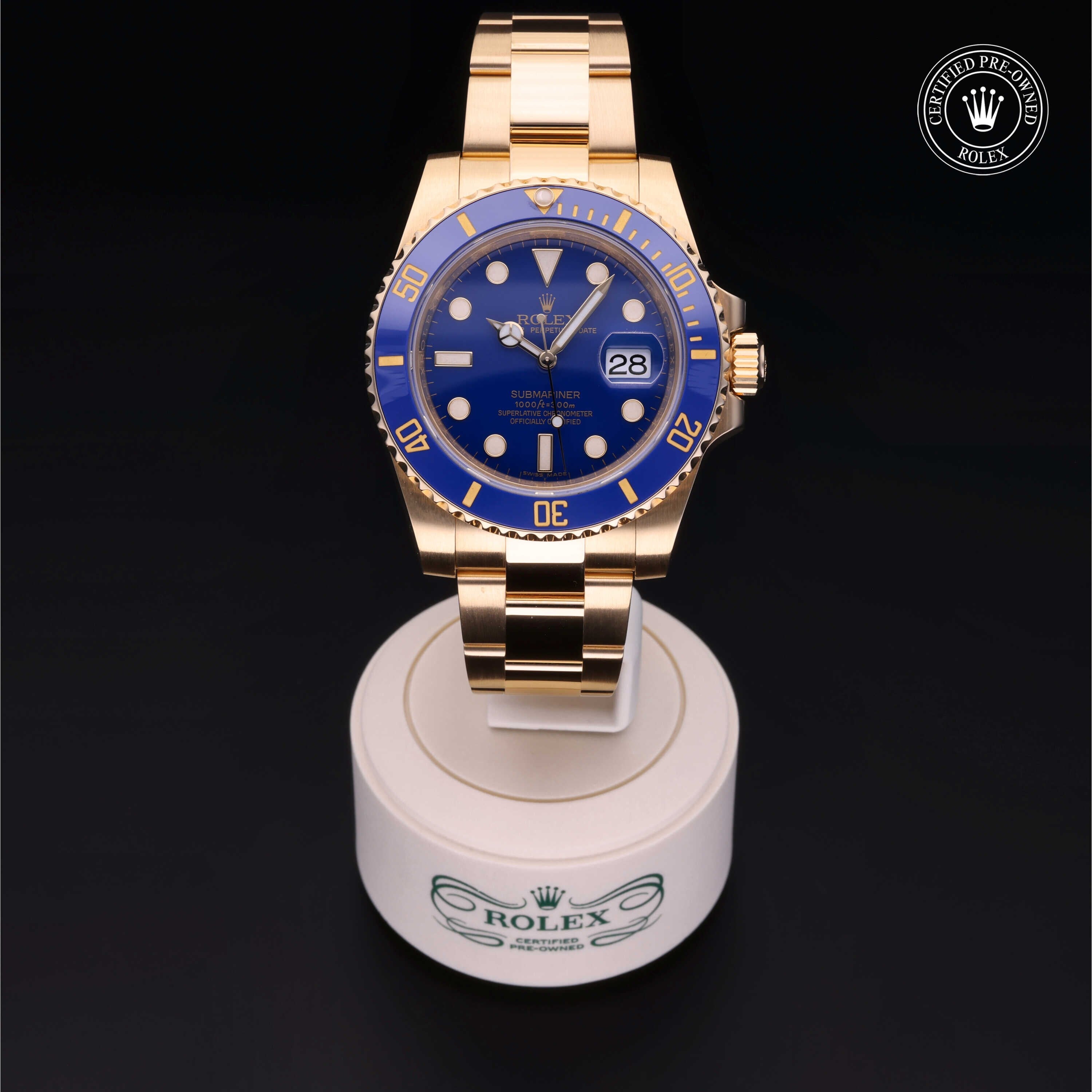 Rolex Certified Pre-owned Submariner M116618LB-0001 front on black background