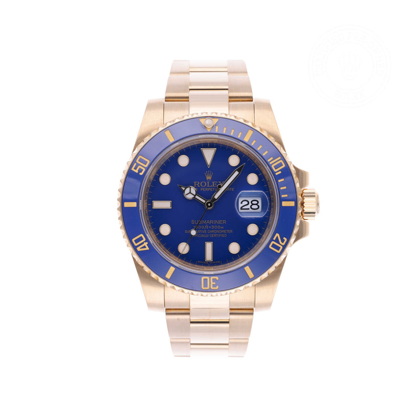 Rolex Certified Pre-owned Submariner M116618LB-0001 front on white background