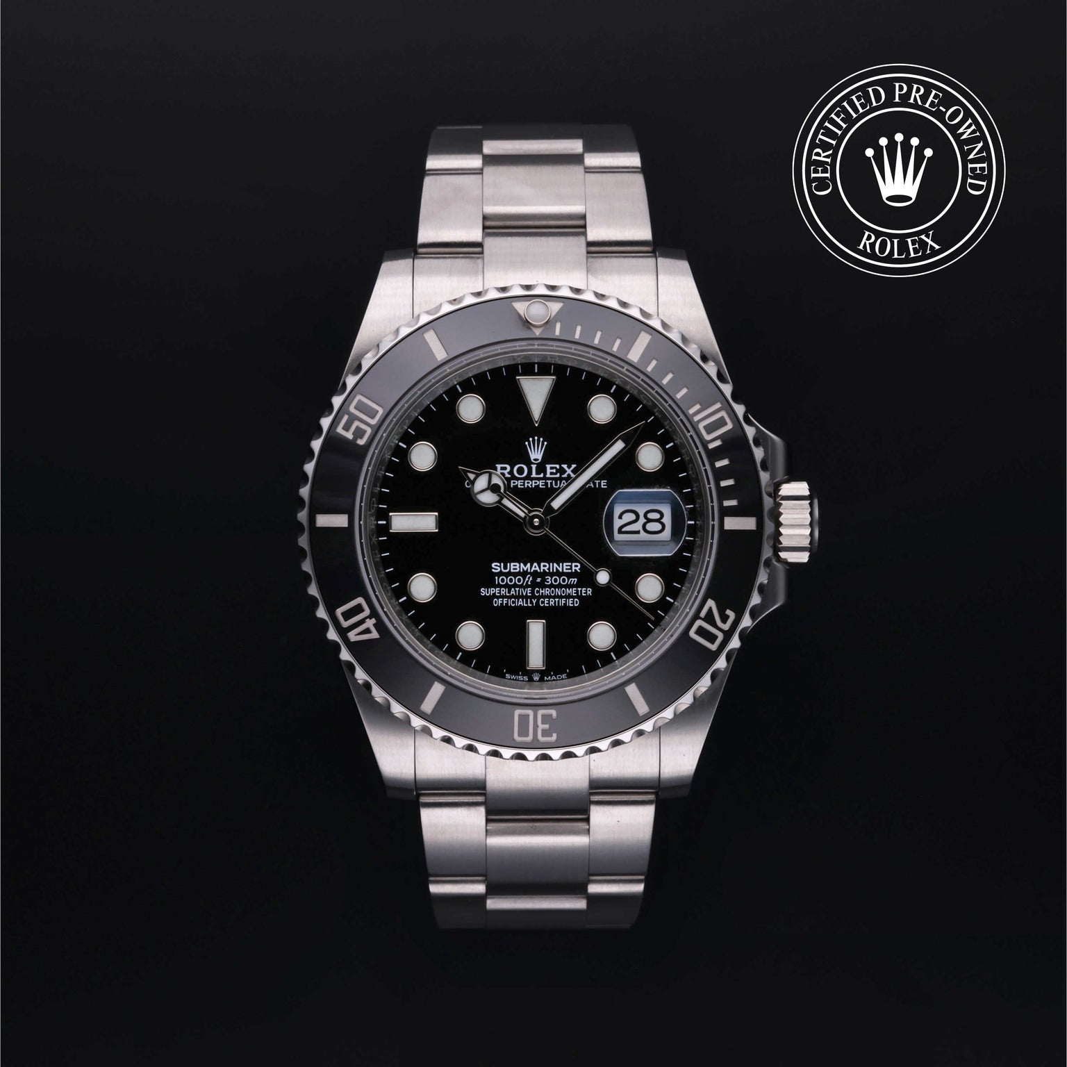 Rolex Certified Pre-owned Submariner Date M126610LN-0001 front on black background