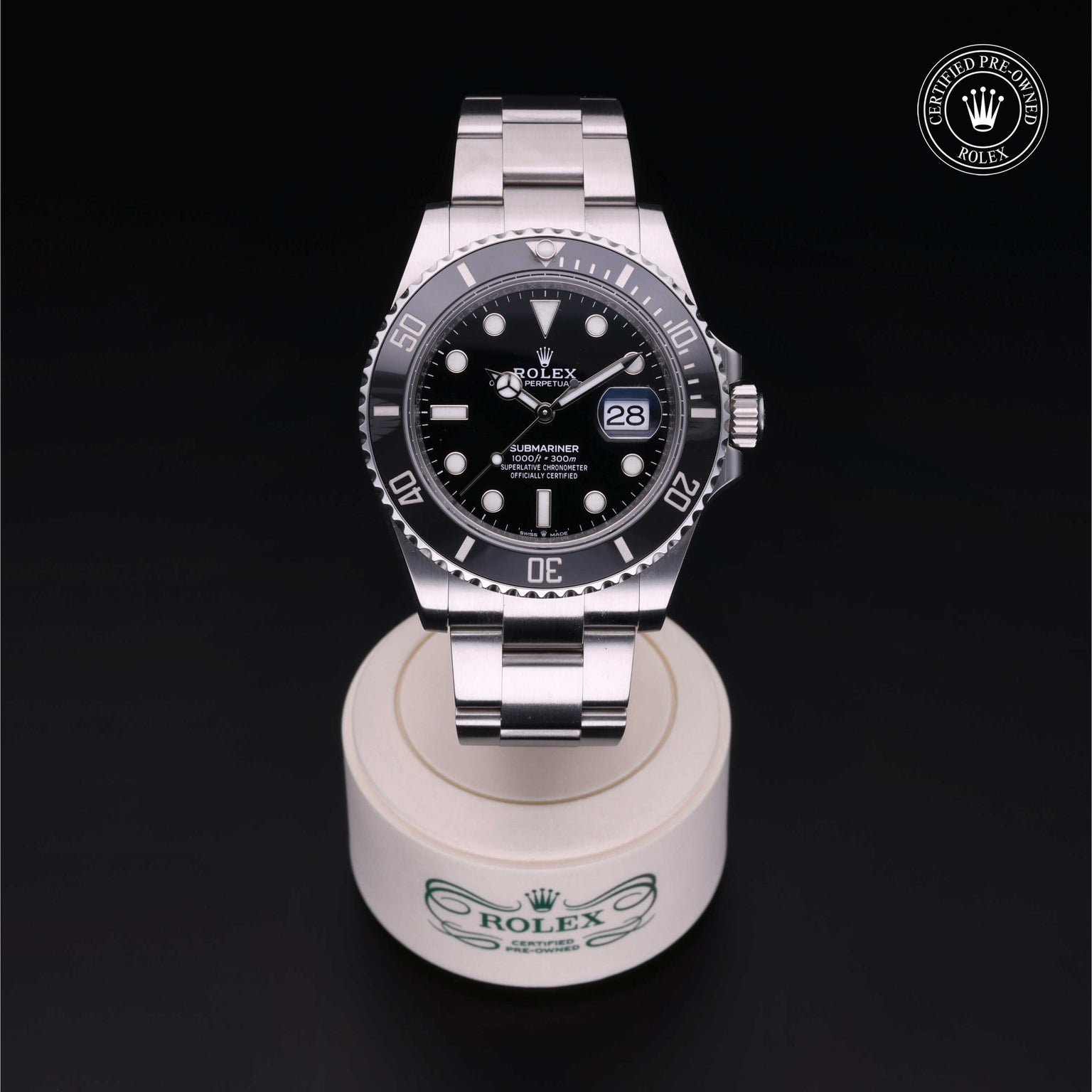 Rolex Certified Pre-owned Submariner Date M126610LN-0001 front on black background