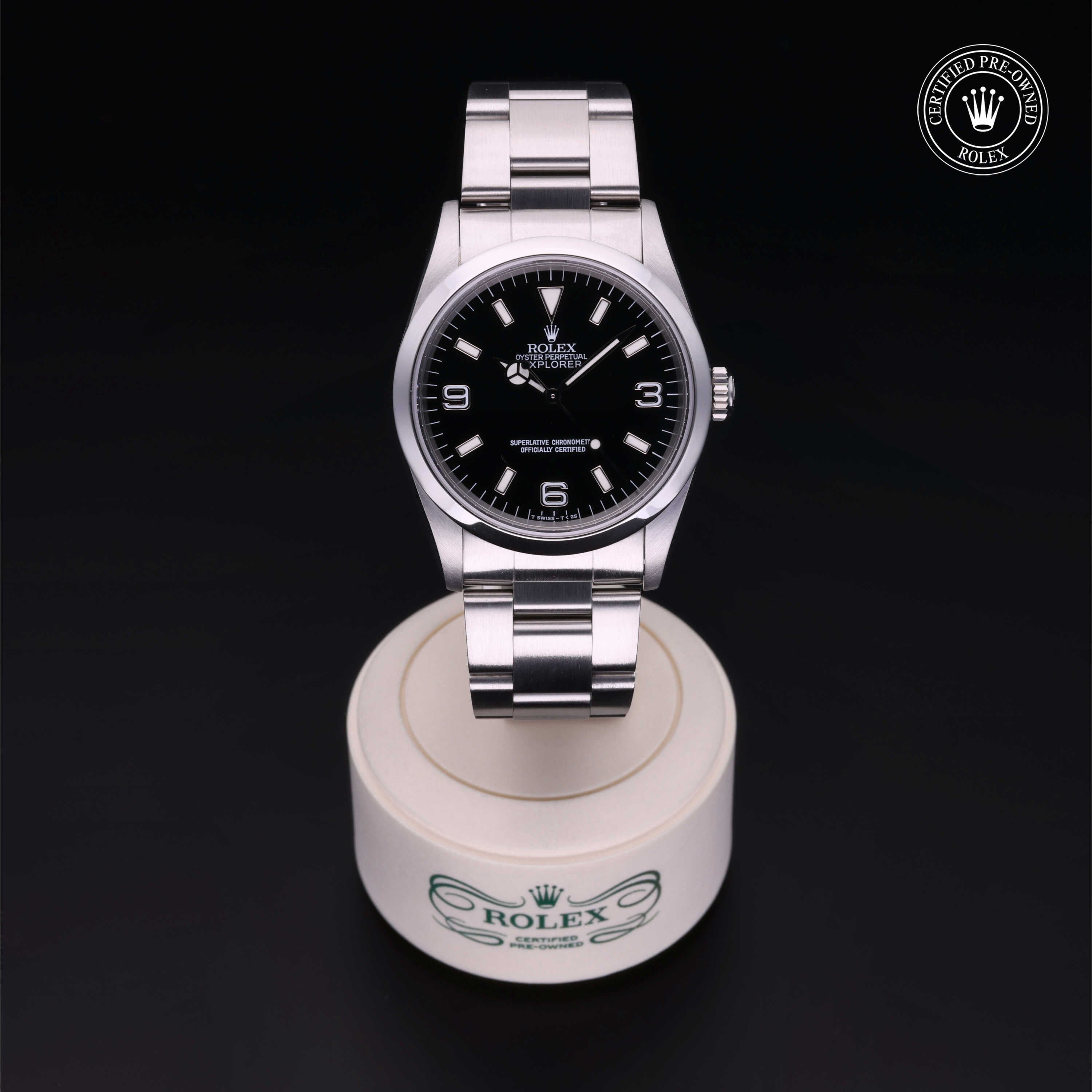 Rolex Certified Pre-owned Explorer M14270-0001 front on black background