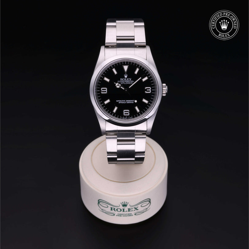Rolex Certified Pre-owned Explorer M14270-0001 front on black background