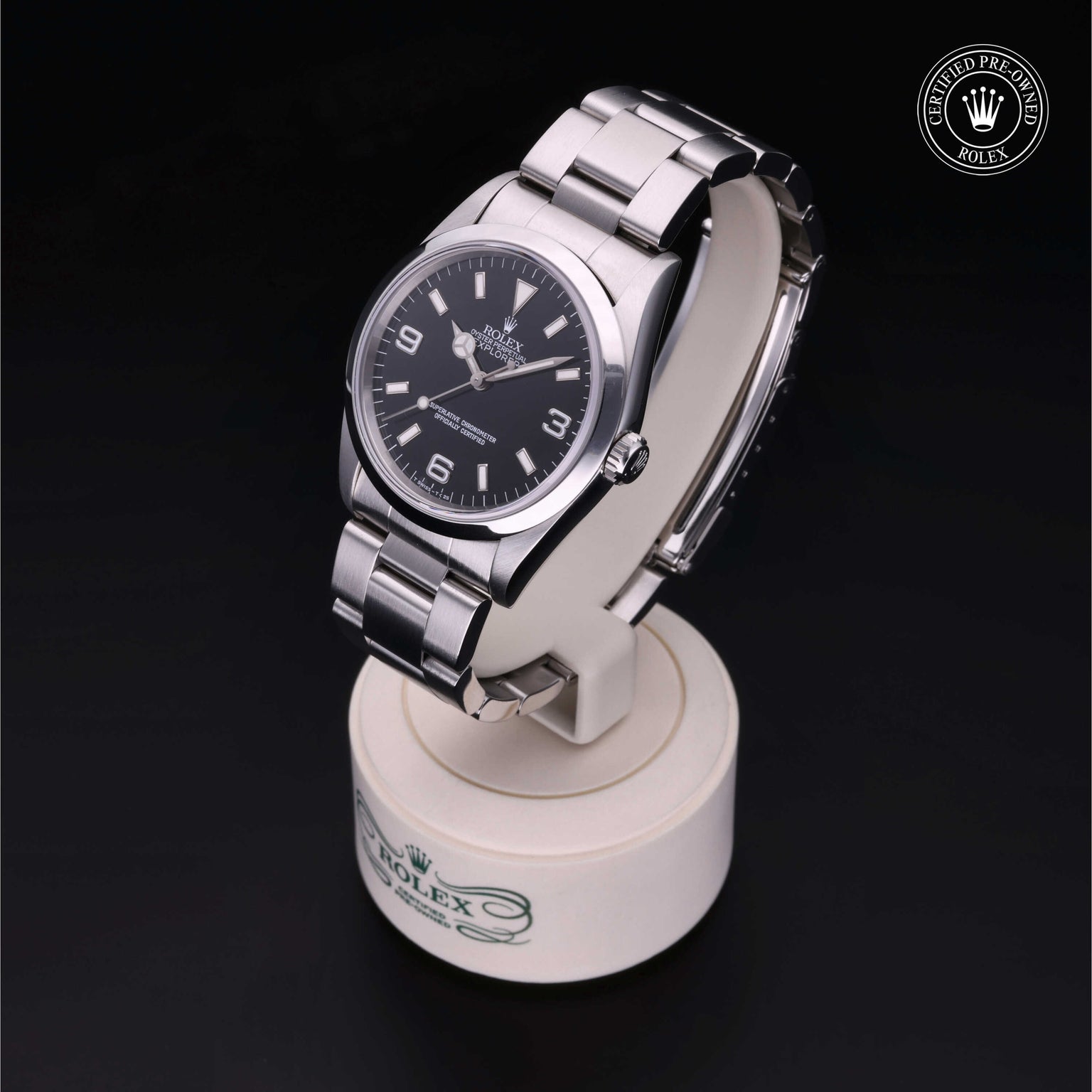 Rolex Certified Pre-owned Explorer M14270-0001 front on black background
