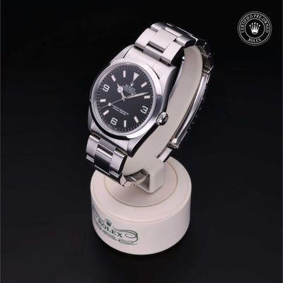 Rolex Certified Pre-owned Explorer M14270-0001 front on black background