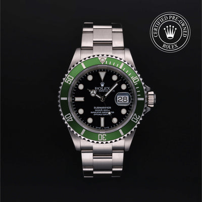 Rolex Certified Pre-owned Submariner Date M16610LV-0002 front on black background