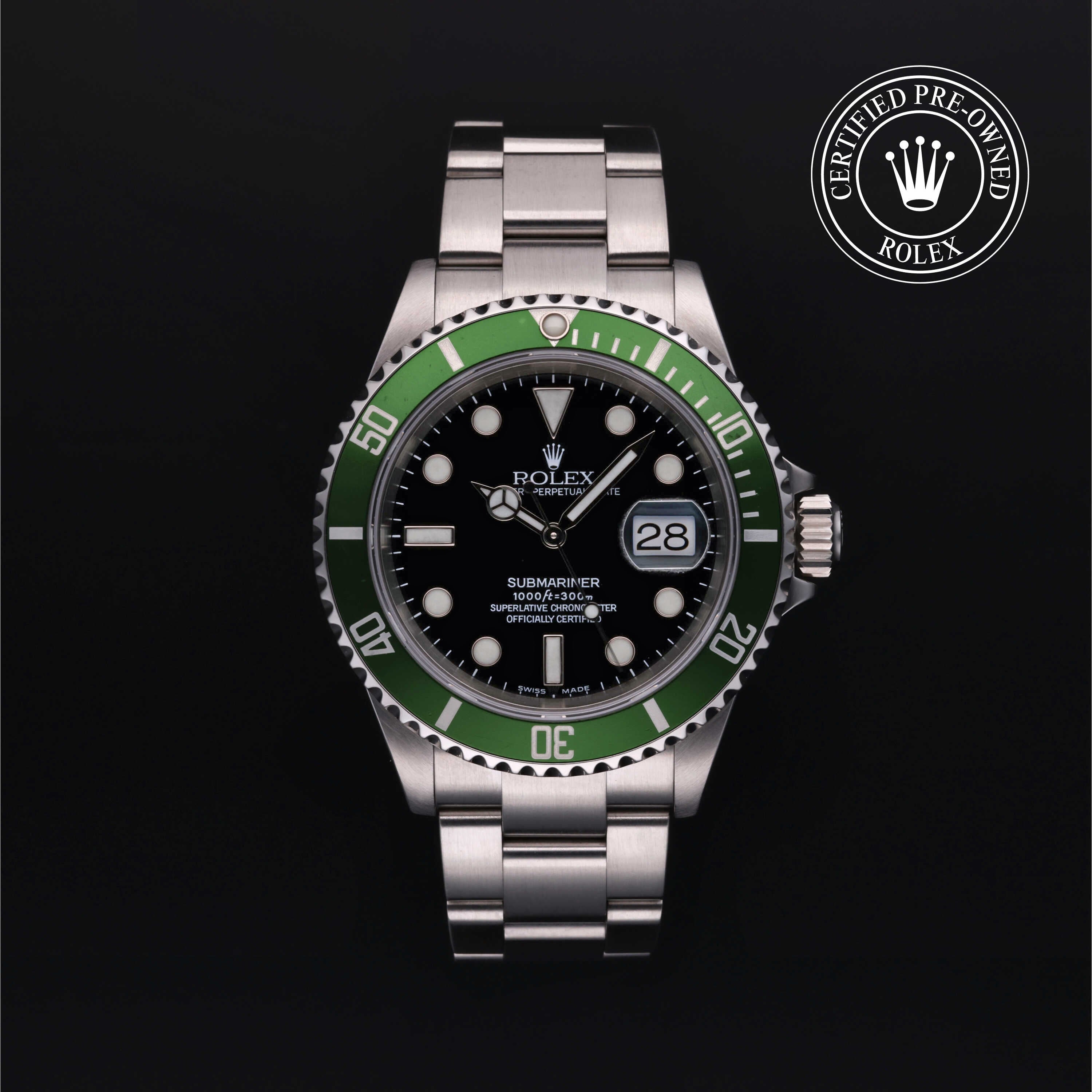 Rolex Certified Pre-owned Submariner Date M16610LV-0002 front on black background
