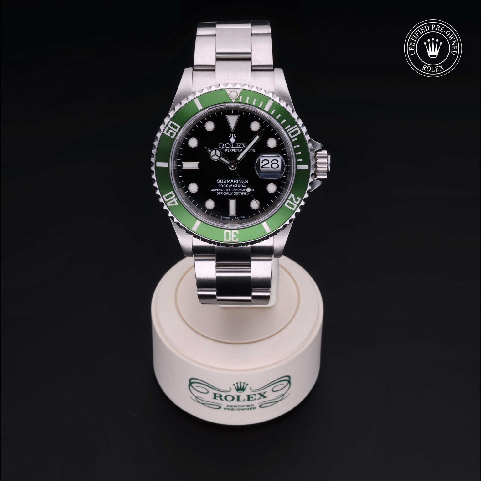 Rolex Certified Pre-owned Submariner Date M16610LV-0002 front on black background